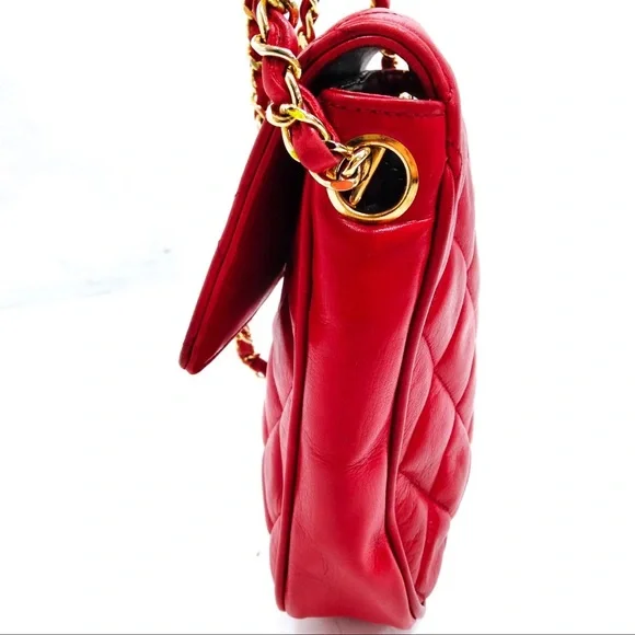 AUTH Chanel Quilted Lambskin 24K Gold Plated Mini Single Flap Bag Red